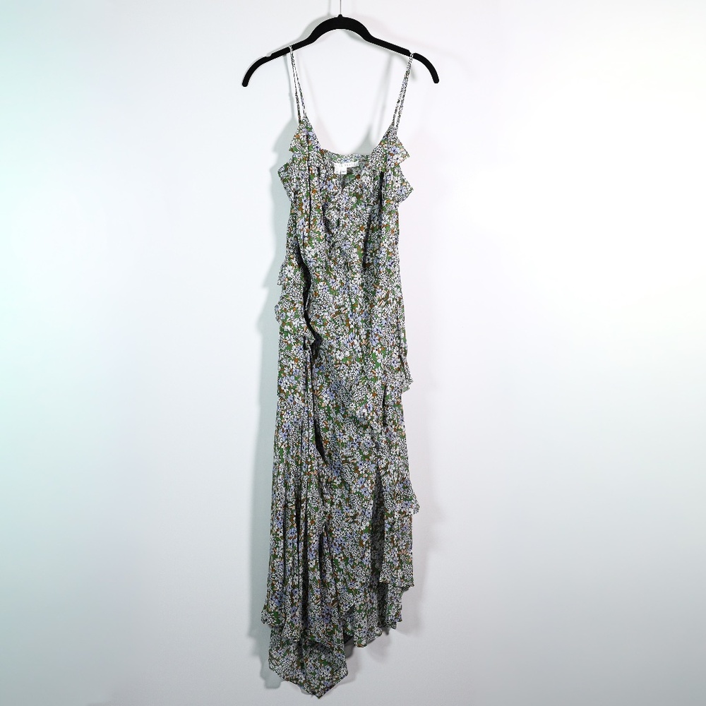 NEW Veronica Beard Avenel Silk Asymmetrical Ruffle Midi Dress Forest Army Multi
